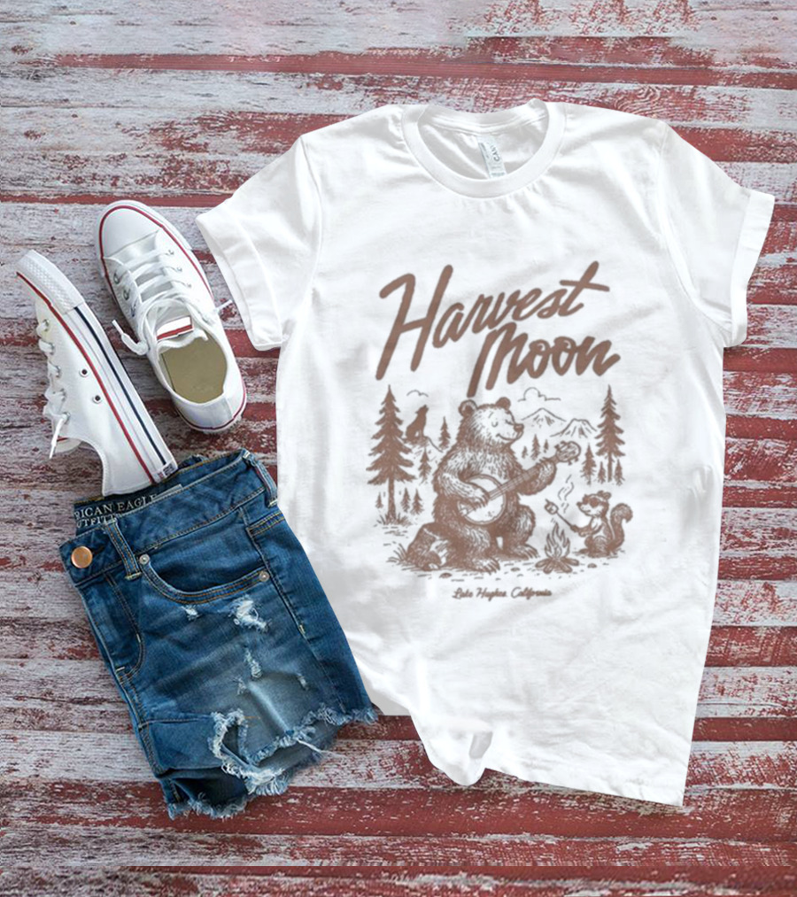 Harvest Moon Lake Hughes California Bear Forest Illustration T-Shirt