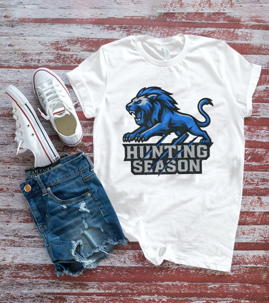 Detroit Lions Hunting Season Roaring Blue Lion NFL Fan Gear T-Shirt