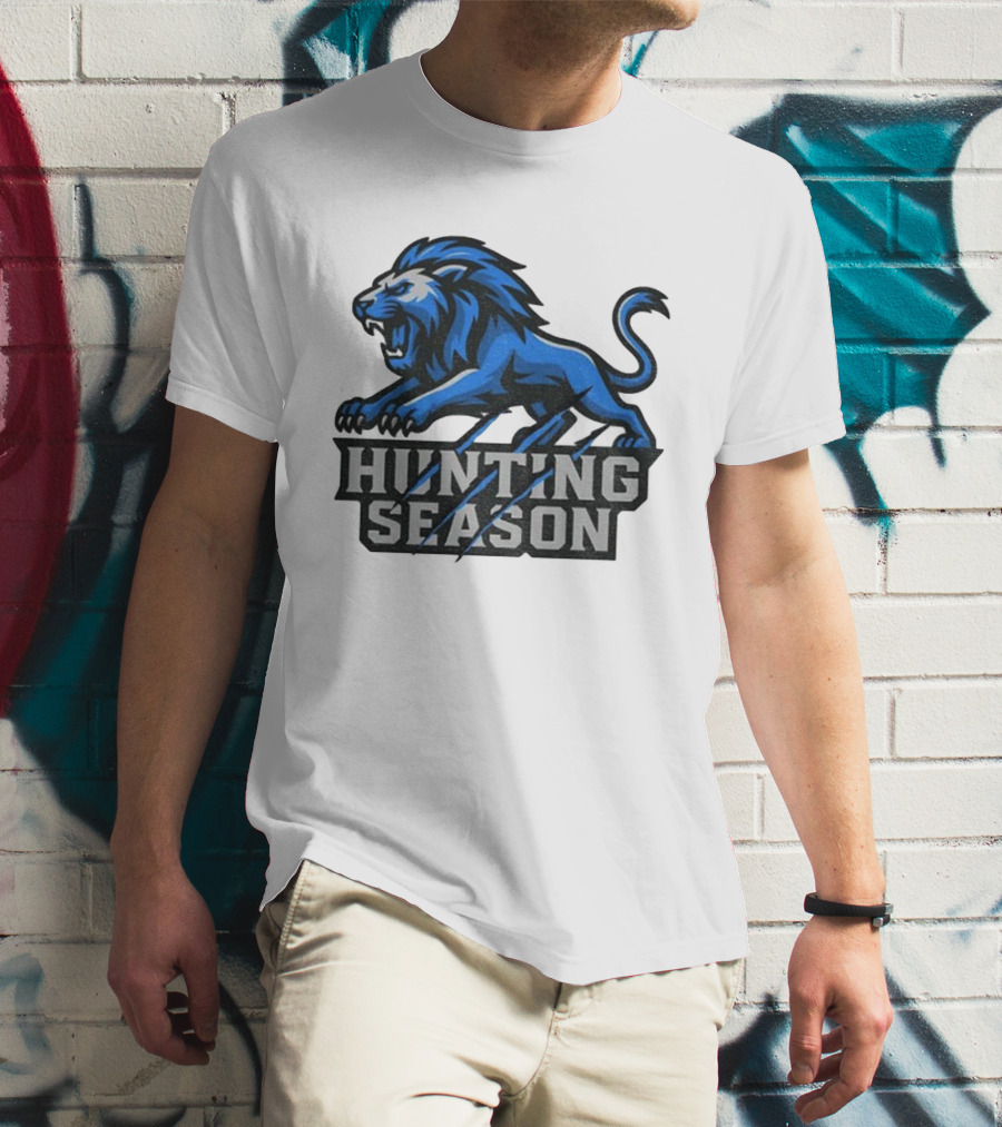 Detroit Lions Hunting Season Roaring Blue Lion NFL Fan Gear T-Shirt