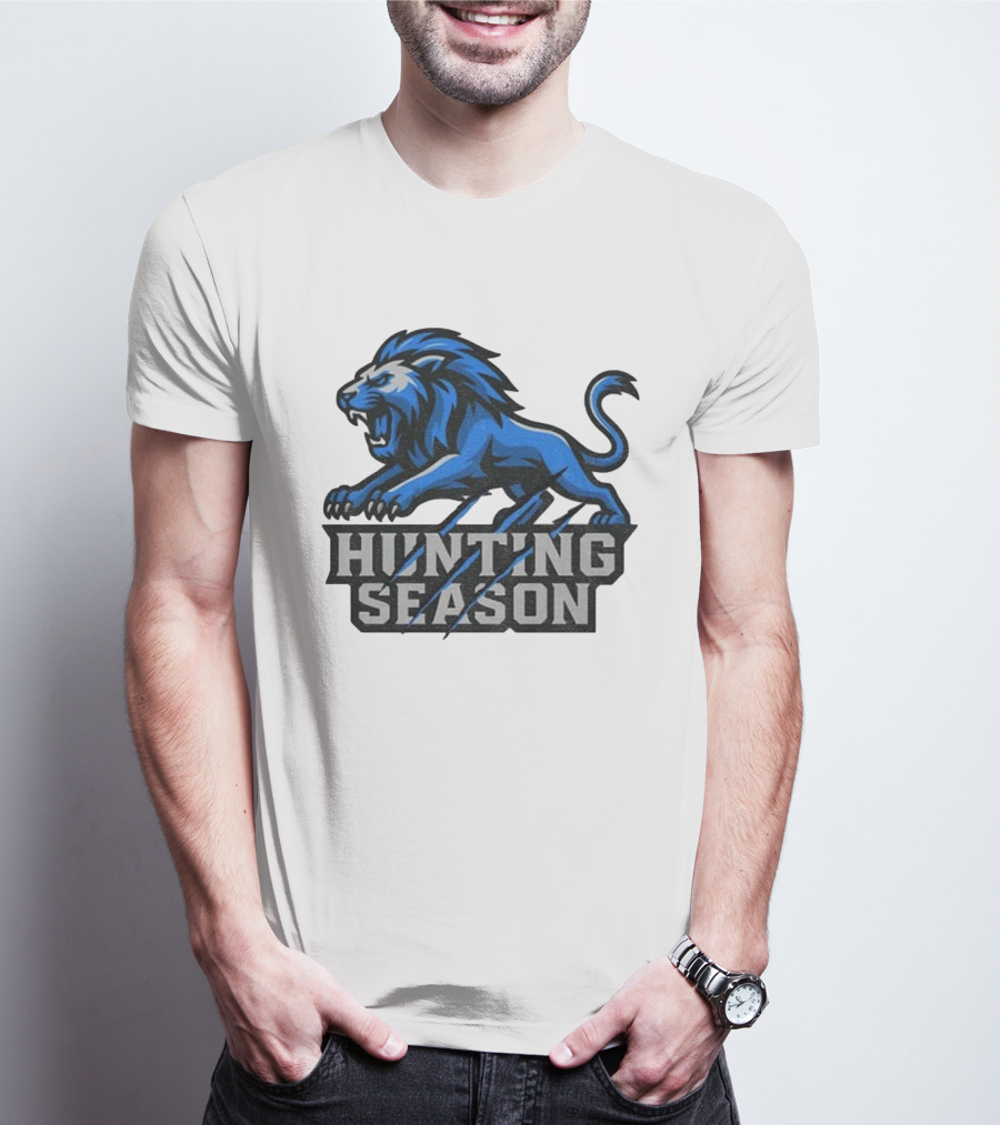 Detroit Lions Hunting Season Roaring Blue Lion NFL Fan Gear T-Shirt