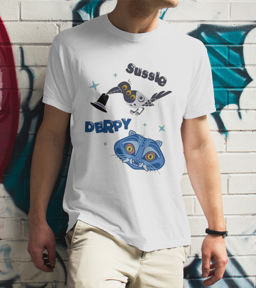 Sussie Derpy Cartoon Bird And Tiger Characters With Stars KPop Demon Hunters T-Shirt