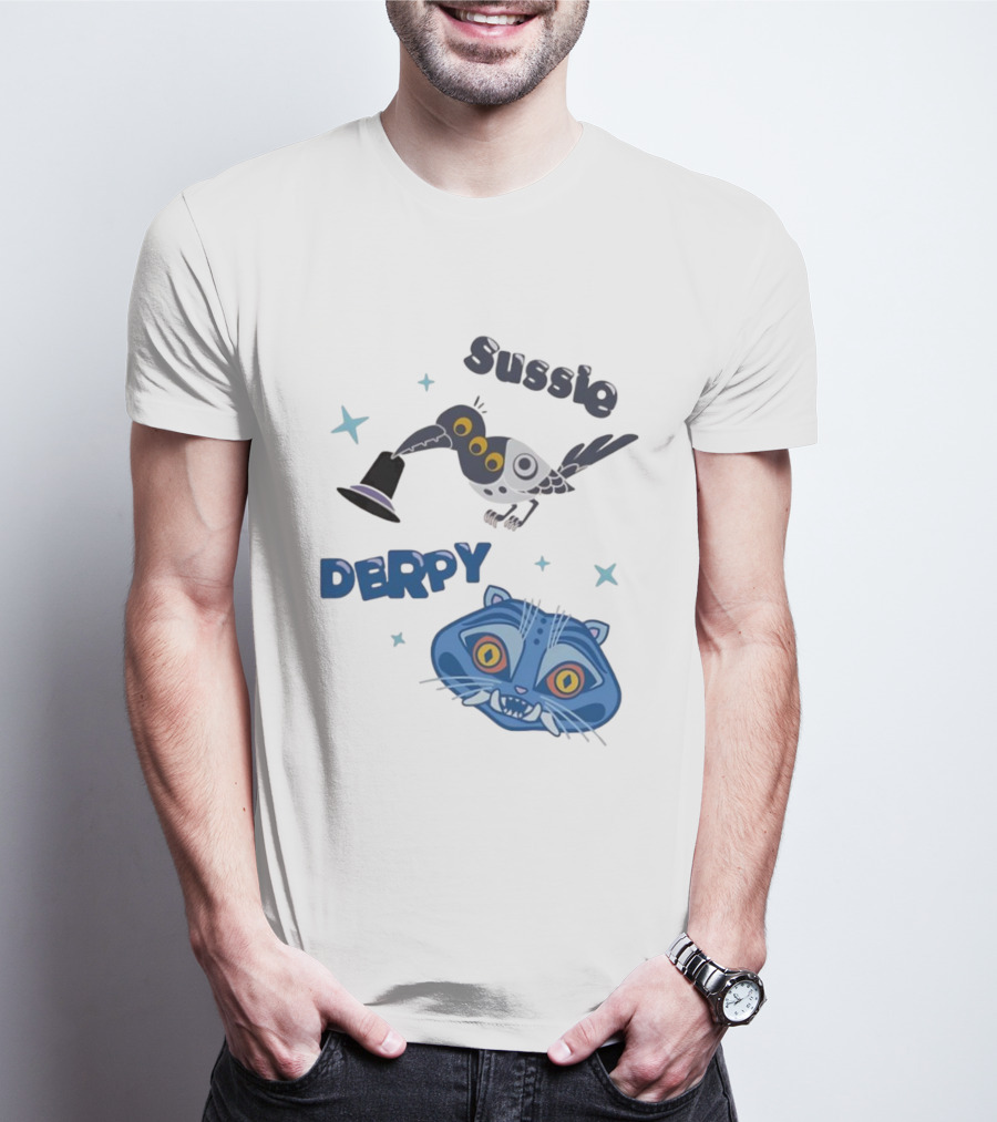 Sussie Derpy Cartoon Bird And Tiger Characters With Stars KPop Demon Hunters T-Shirt