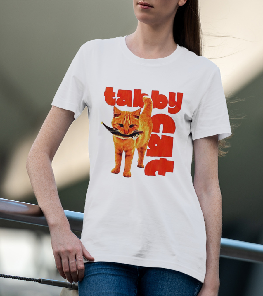 Tabby Cat Holding Fish Meme Retro Font T-Shirt