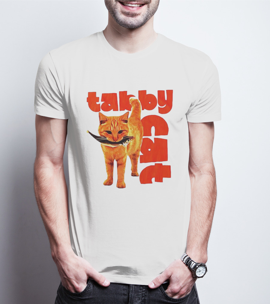 Tabby Cat Holding Fish Meme Retro Font T-Shirt