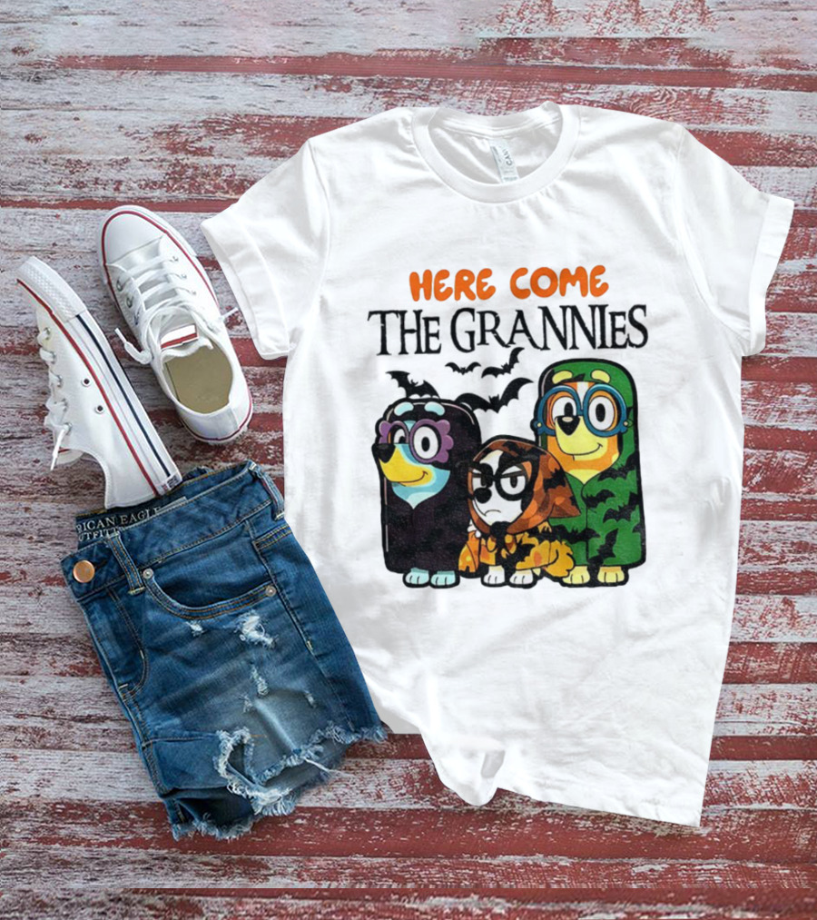 Here Come The Grannies Halloween Blue Dog Characters In Costumes T-Shirt