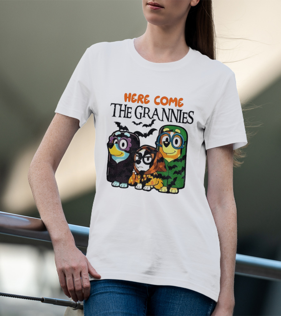 Here Come The Grannies Halloween Blue Dog Characters In Costumes T-Shirt