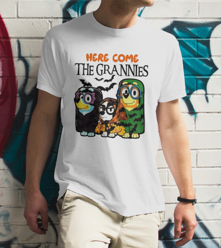 Here Come The Grannies Halloween Blue Dog Characters In Costumes T-Shirt