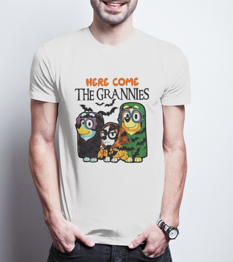 Here Come The Grannies Halloween Blue Dog Characters In Costumes T-Shirt