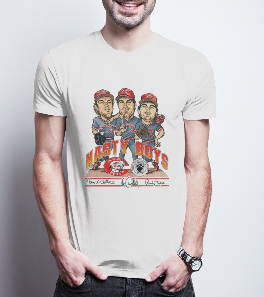 Cincinnati Reds Nasty Boys 37 43 28 Schottzie 02 Baseball Caricature T-Shirt