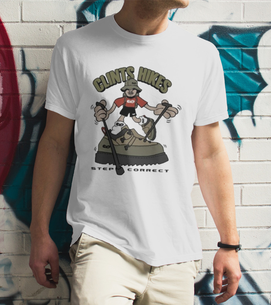 CLINTS HIKES Cartoon Hiker With Walking Sticks And Boots T-Shirt