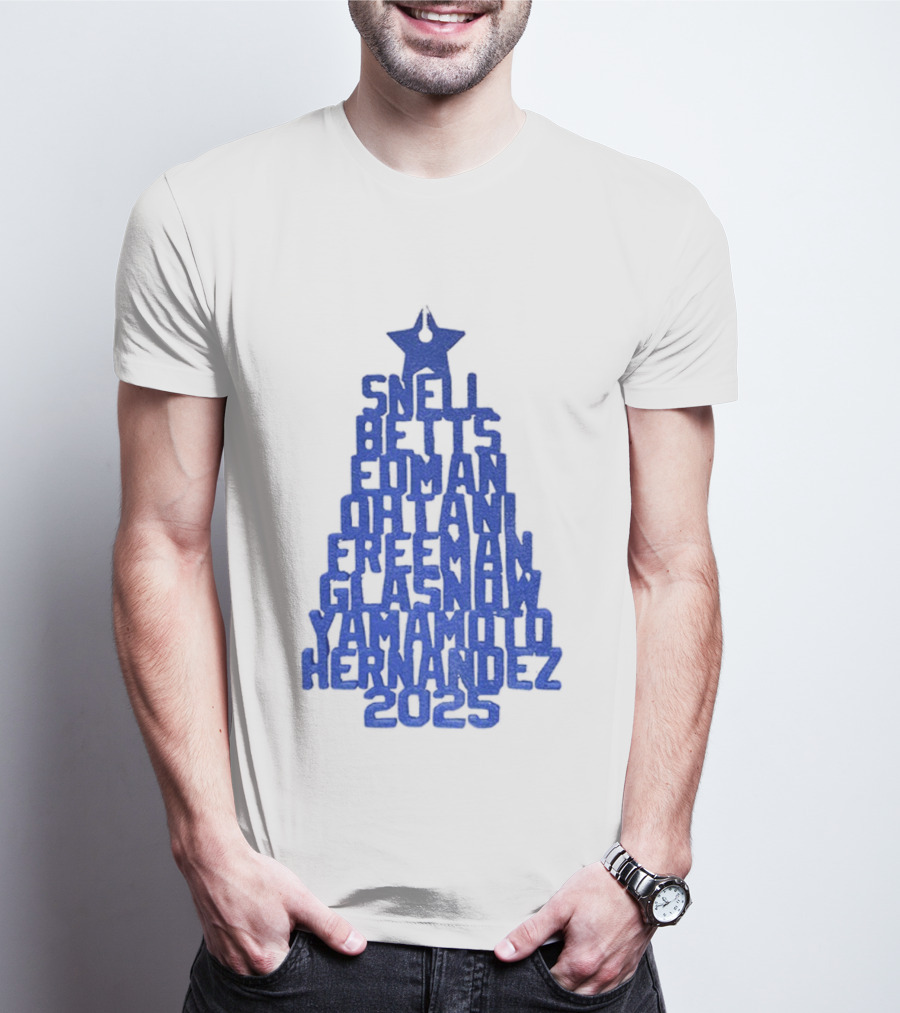 Los Angeles Dodgers Snell Betts Freeman Ohtani Freeman Glasnow Yamamoto Hernandez Christmas Tree 2025 T-Shirt