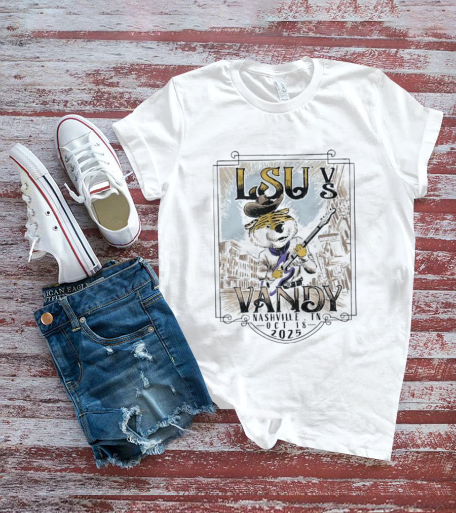 LSU Tigers Vs Vandy Vanderbilt Commodores Nashville TN Oct 18 2025 Mascot Guitar City Showdown T-Shirt