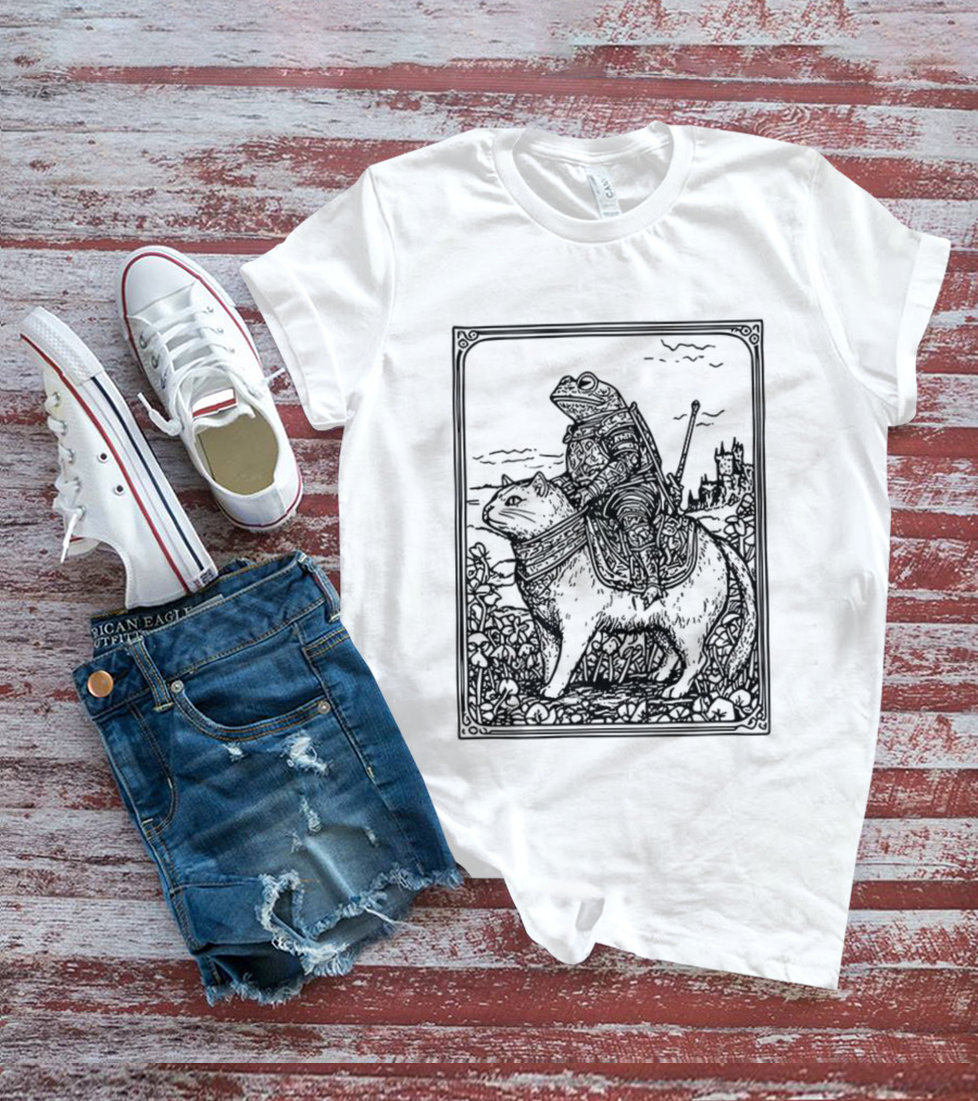 Medieval Frog Knight Riding A Cat In Armor Scene T-Shirt