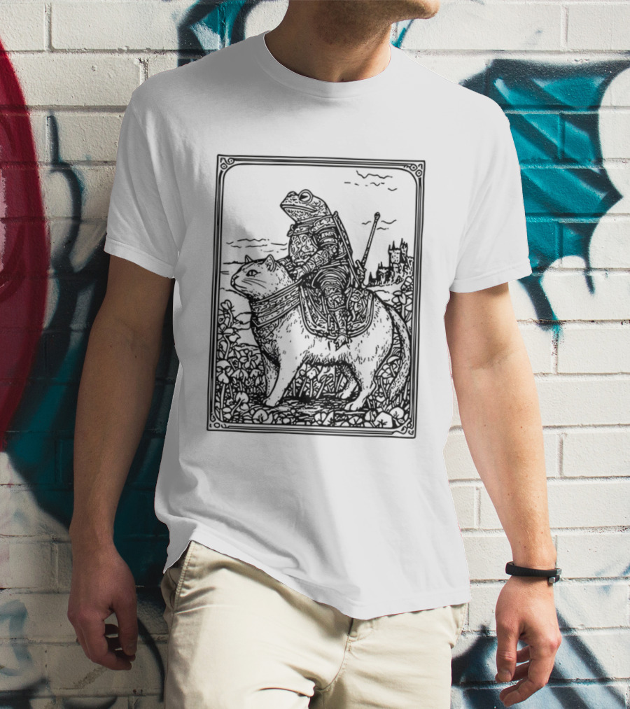 Medieval Frog Knight Riding A Cat In Armor Scene T-Shirt