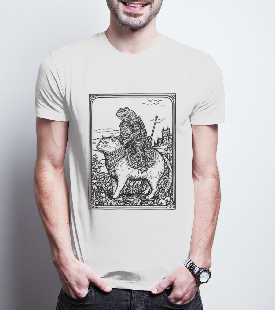 Medieval Frog Knight Riding A Cat In Armor Scene T-Shirt