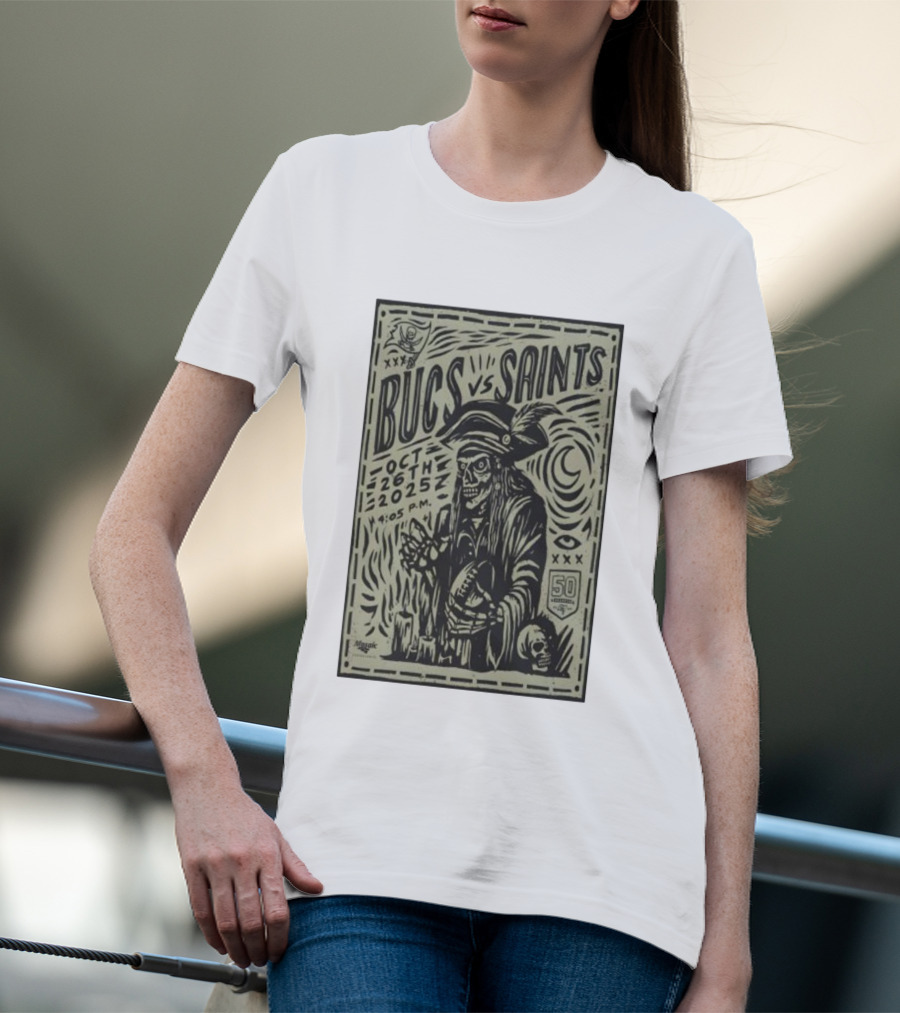 Bucs Vs Saints October 26 2025 4:05 P.M. 50 Seasons Pirate Skull Linocut T-Shirt