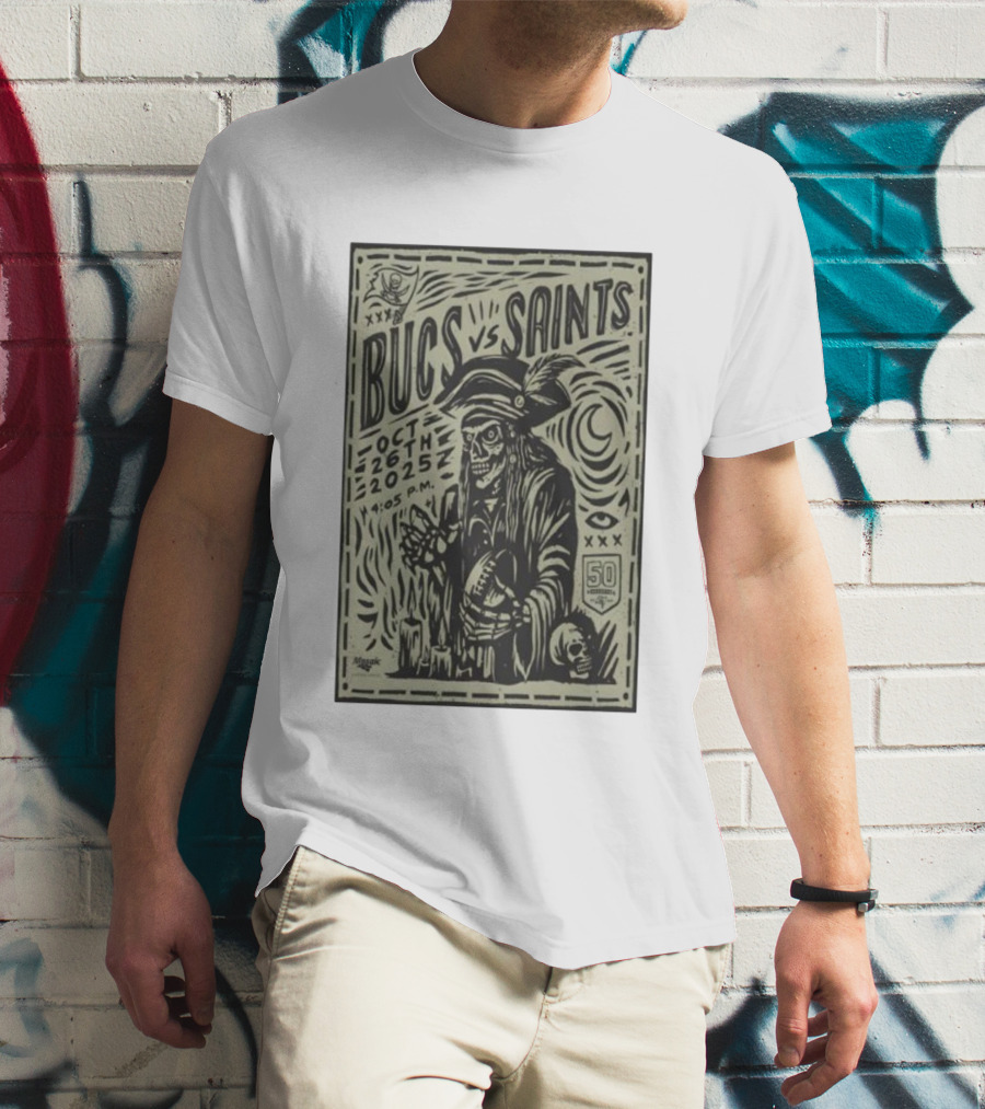 Bucs Vs Saints October 26 2025 4:05 P.M. 50 Seasons Pirate Skull Linocut T-Shirt