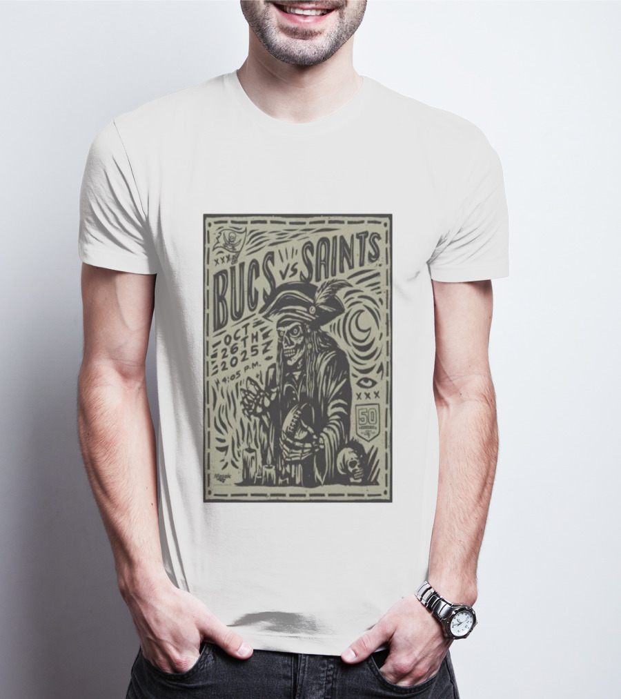 Bucs Vs Saints October 26 2025 4:05 P.M. 50 Seasons Pirate Skull Linocut T-Shirt