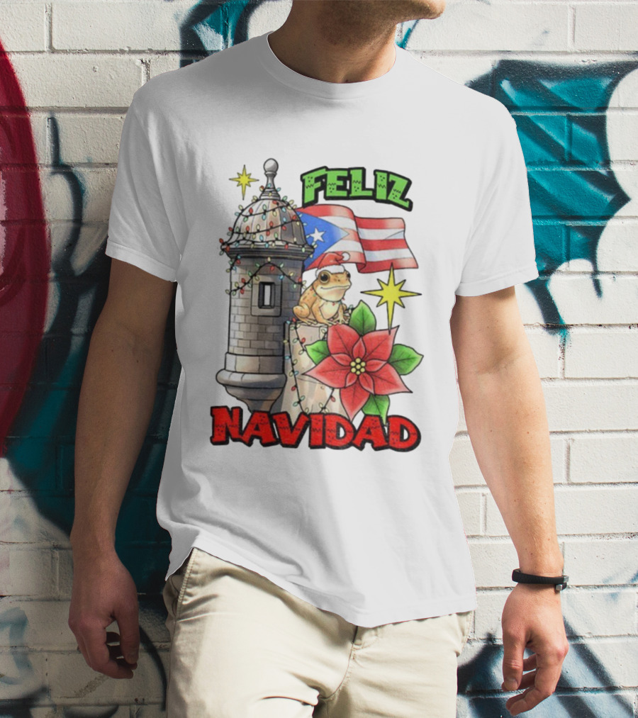 Puerto Rican Christmas Coqui Feliz Navidad Flag Poinsettia Lights T-Shirt