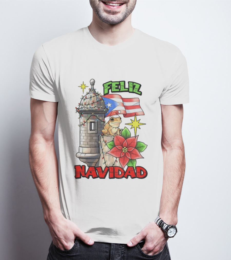 Puerto Rican Christmas Coqui Feliz Navidad Flag Poinsettia Lights T-Shirt