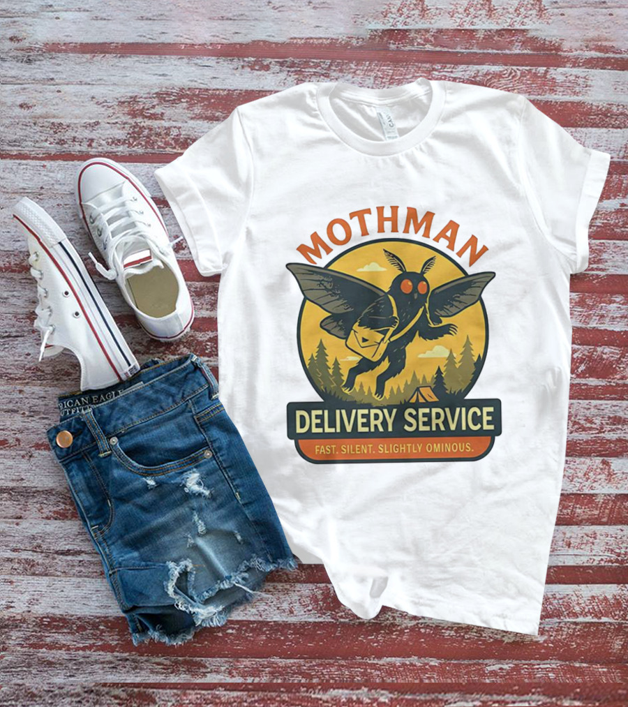 Mothman Delivery Service Fast Silent Slightly Ominous Retro Forest Imagery T-Shirt