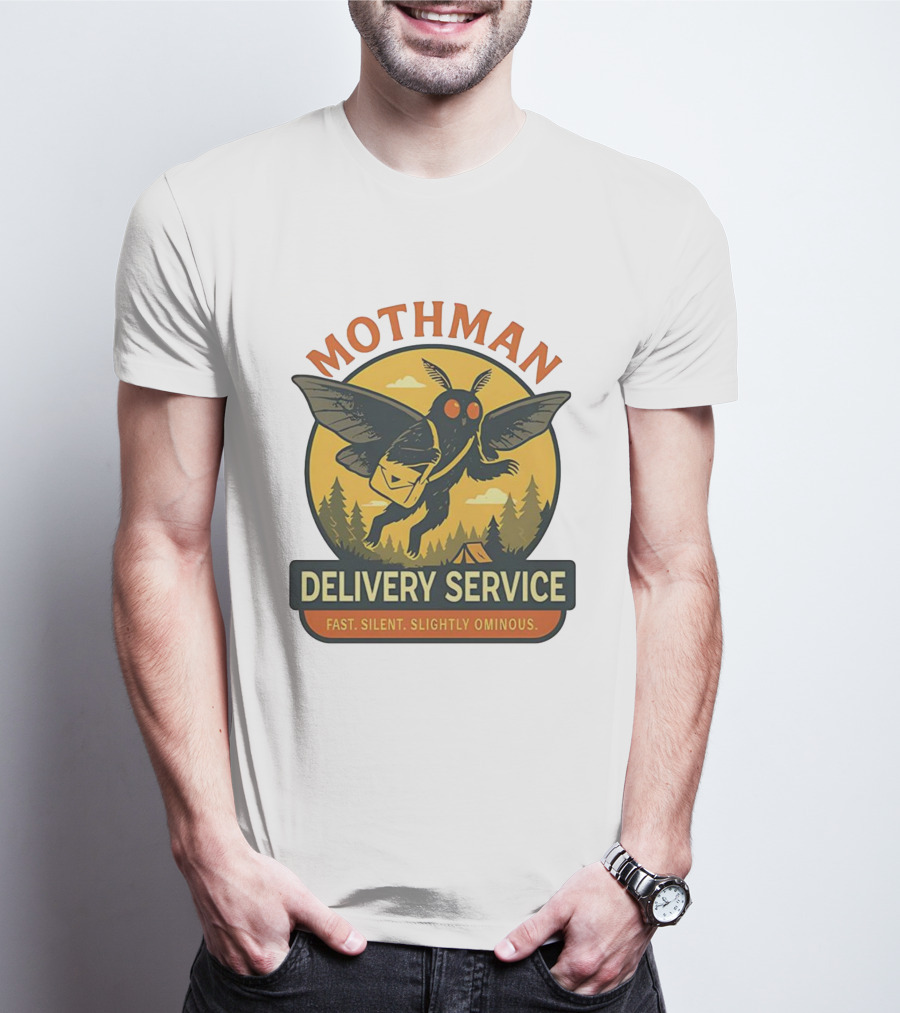 Mothman Delivery Service Fast Silent Slightly Ominous Retro Forest Imagery T-Shirt
