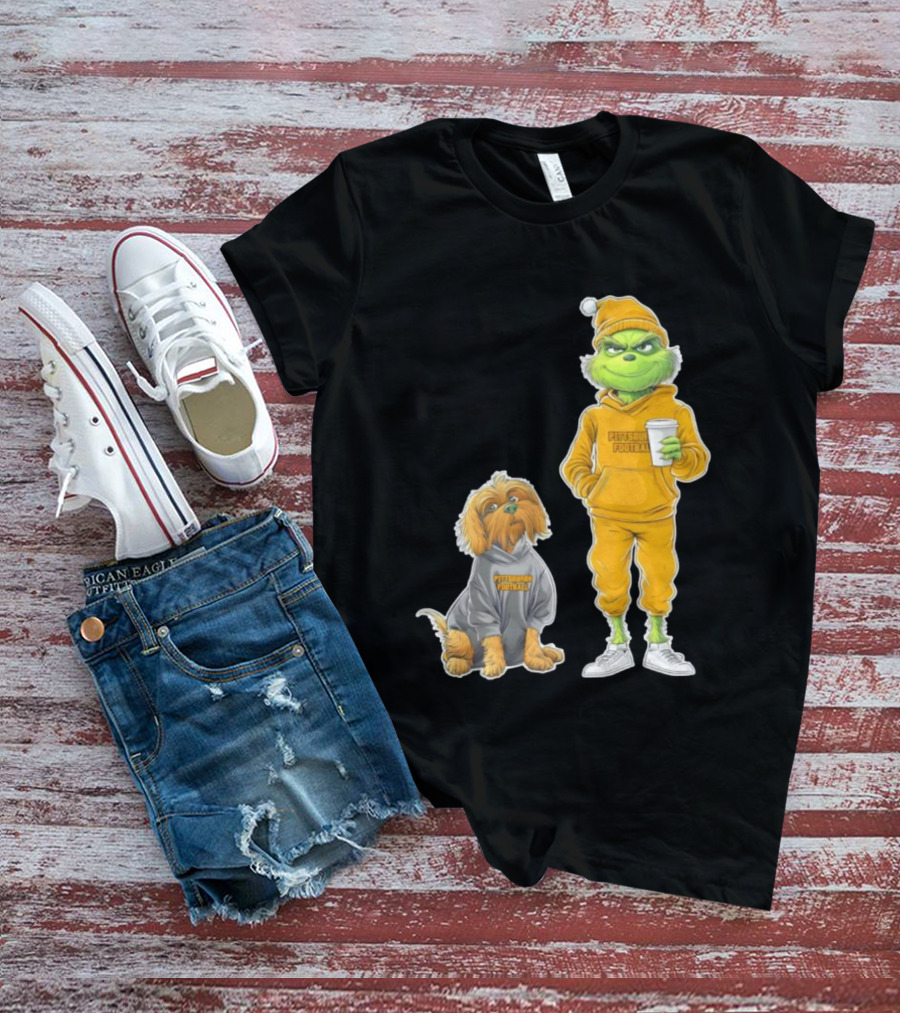 Pittsburgh Football Green Monster Grinch And Dog Christmas T-Shirt