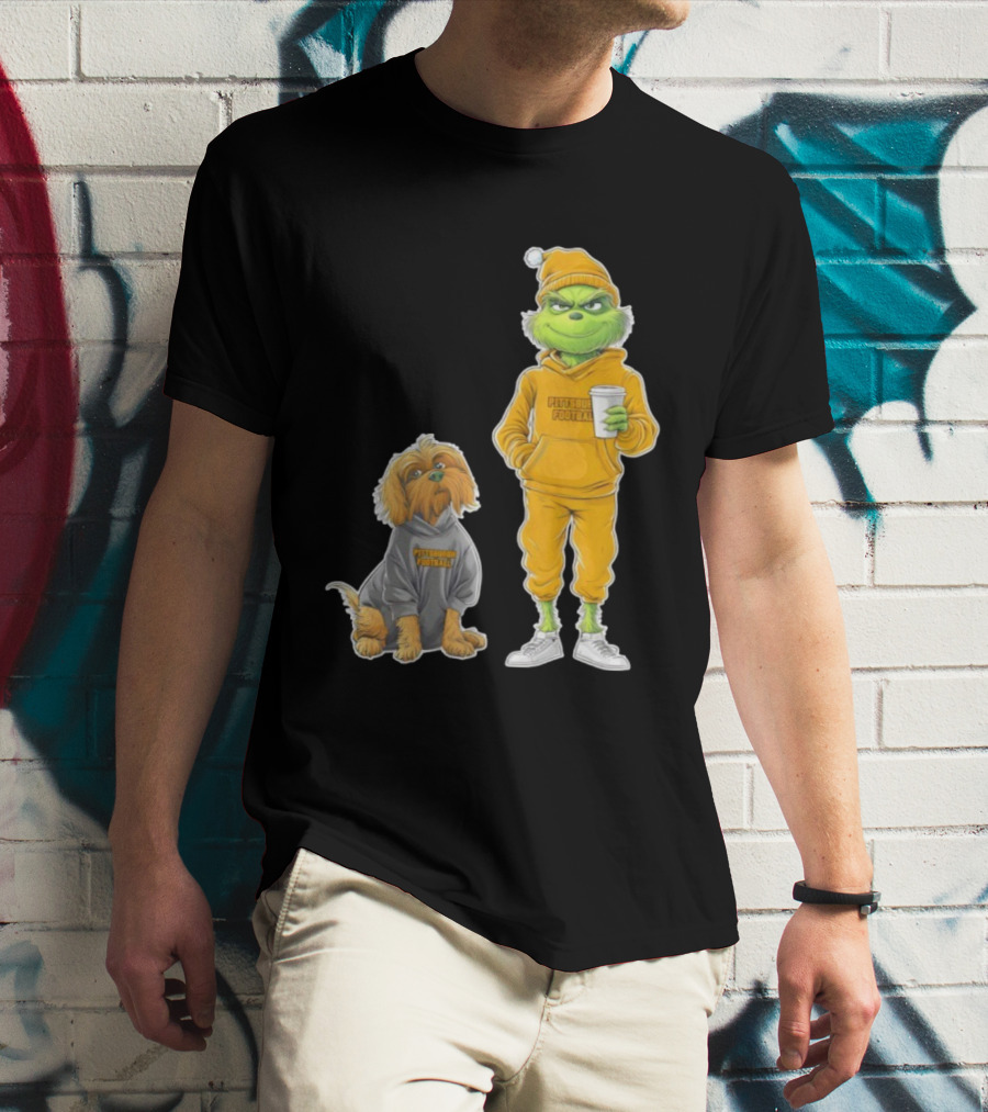 Pittsburgh Football Green Monster Grinch And Dog Christmas T-Shirt
