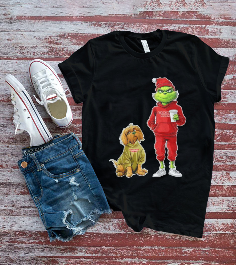 San Francisco Football Grinch And Dog Christmas 49ers Holiday T-Shirt