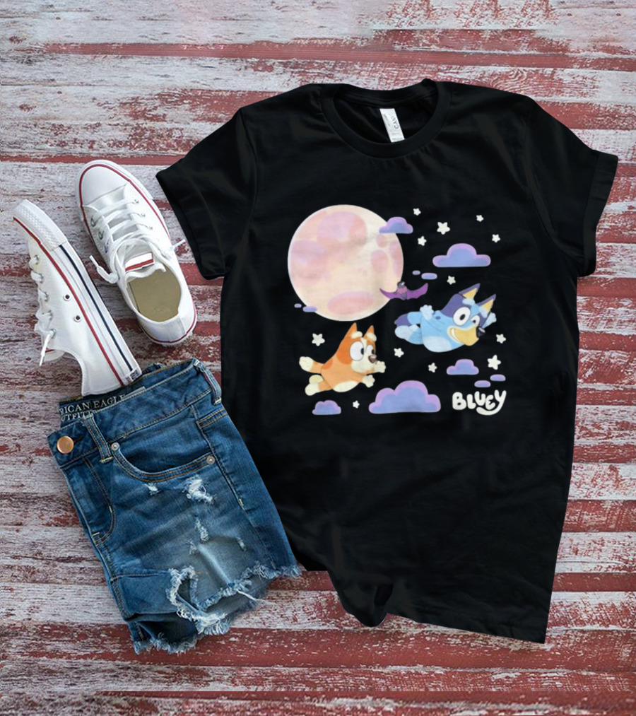 Bluey Sleepy Time Characters Flying With Moon And Stars T-Shirt