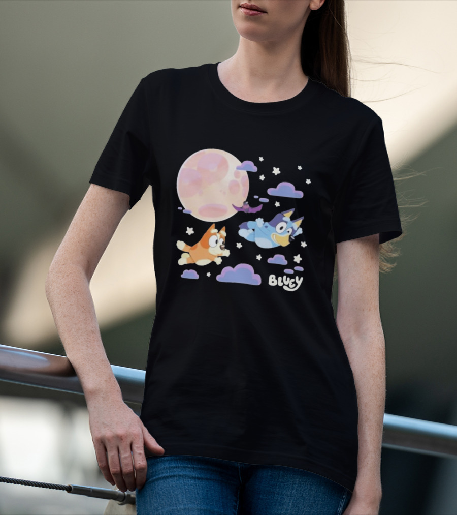 Bluey Sleepy Time Characters Flying With Moon And Stars T-Shirt