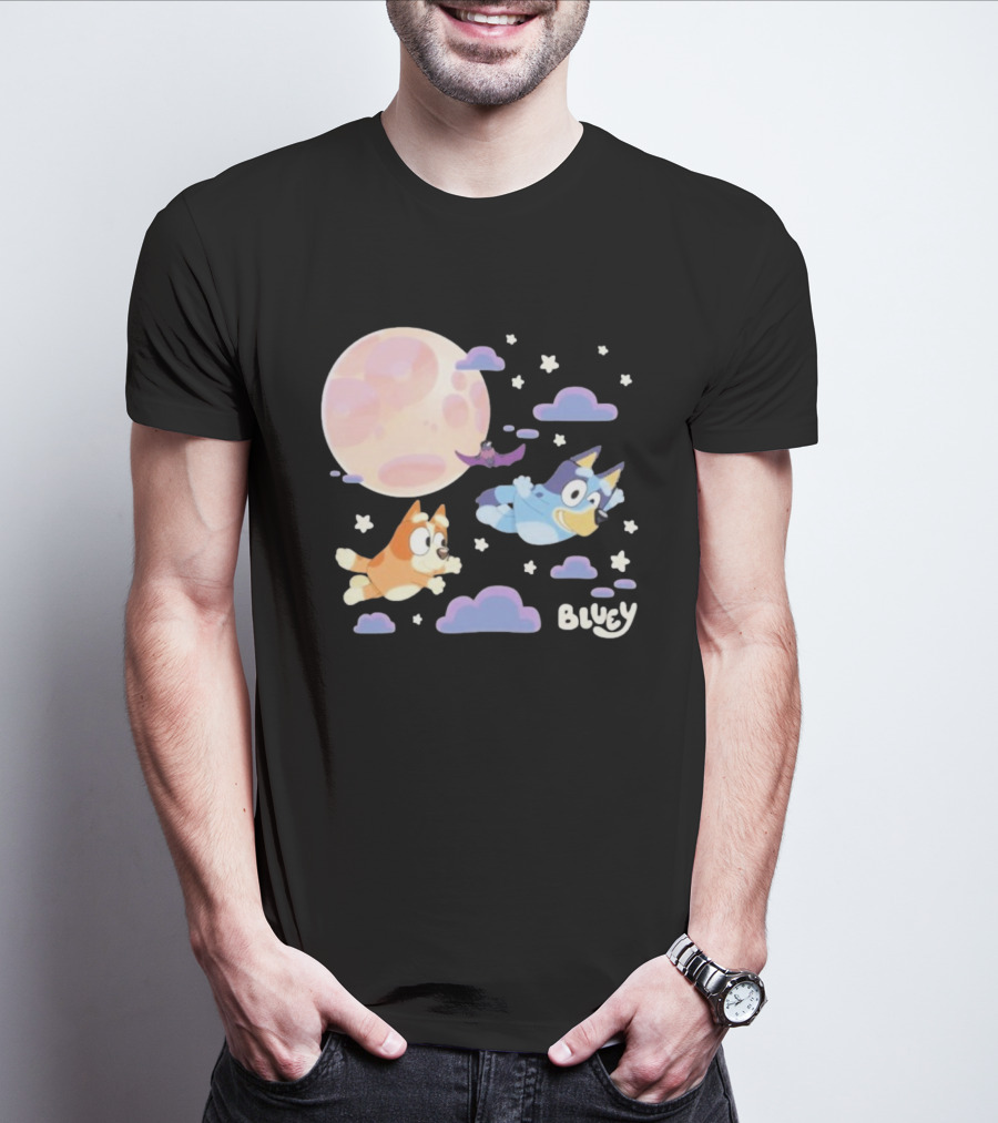 Bluey Sleepy Time Characters Flying With Moon And Stars T-Shirt