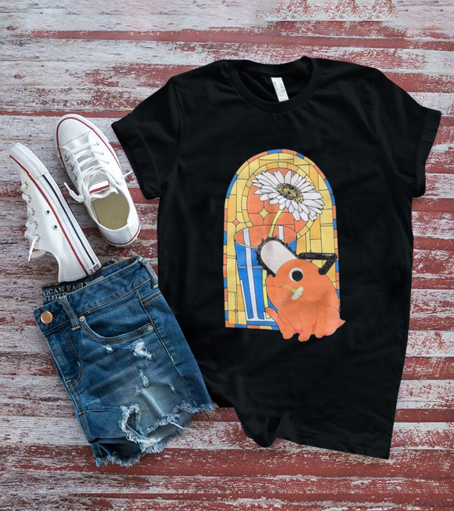 Chainsaw Man Pochita Stained Glass Flower And Chainsaw T-Shirt