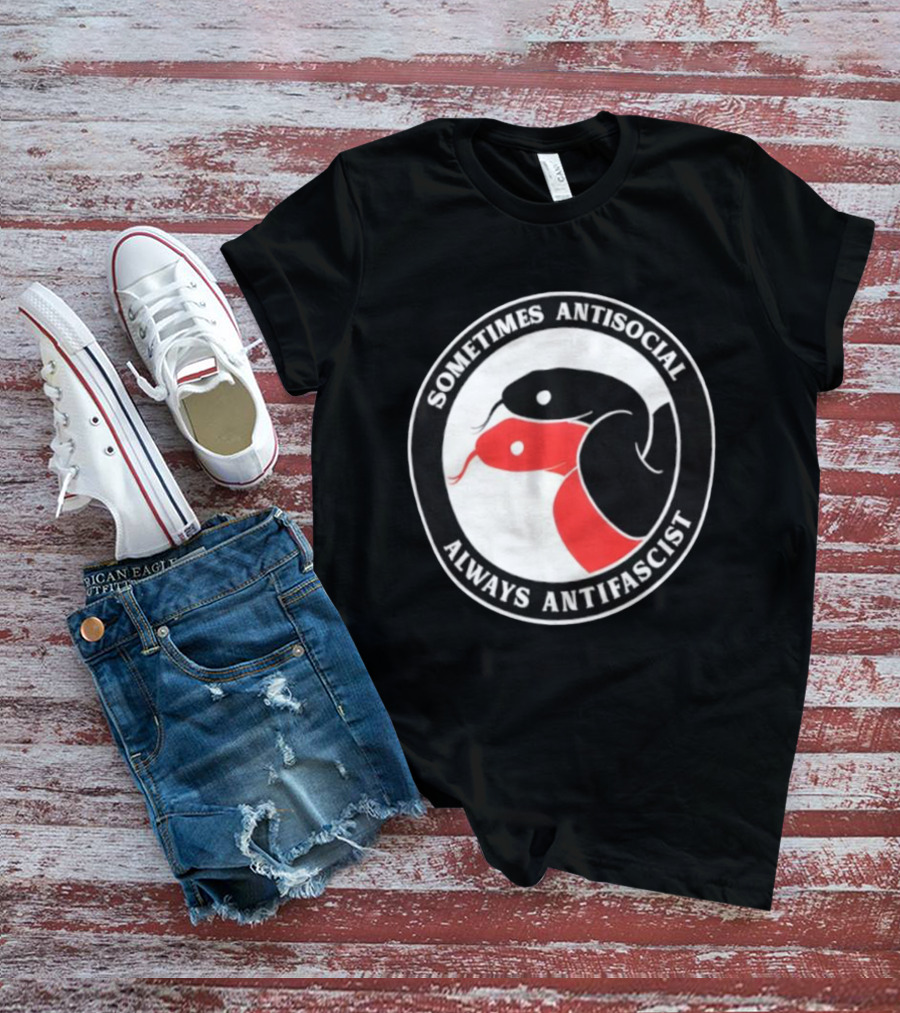 Sometimes Antisocial Always Antifascist Snakes Circle Logo Two Snakes Black And Red T-Shirt