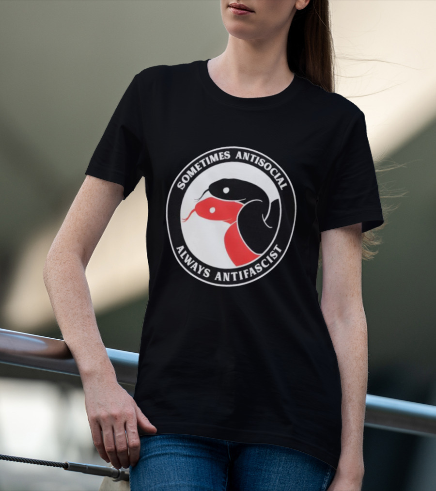 Sometimes Antisocial Always Antifascist Snakes Circle Logo Two Snakes Black And Red T-Shirt
