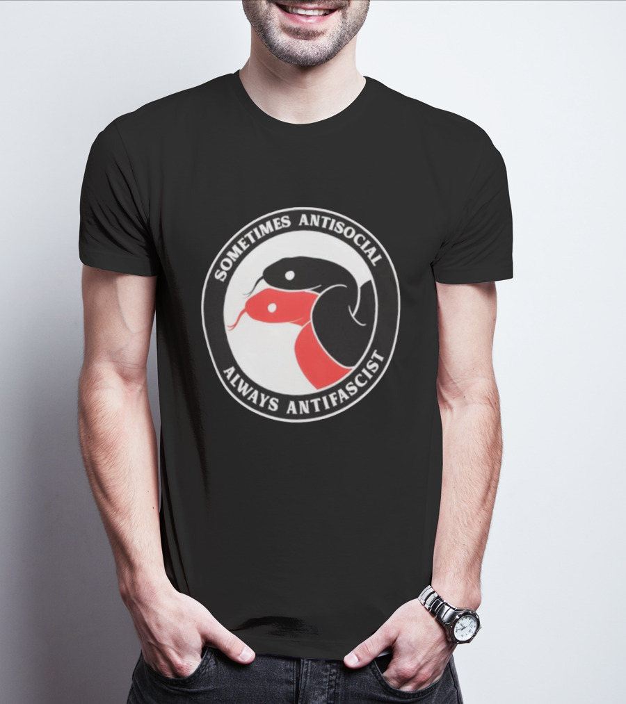 Sometimes Antisocial Always Antifascist Snakes Circle Logo Two Snakes Black And Red T-Shirt