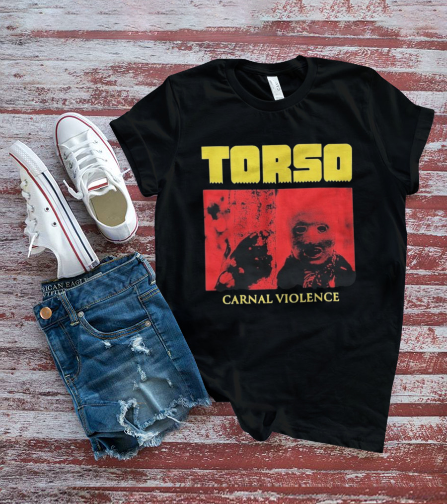 Torso Carnal Violence Horror Imagery Bold Yellow Text T-Shirt