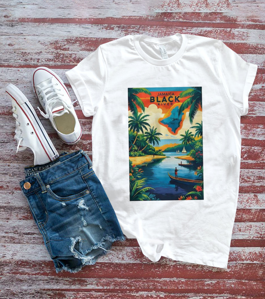 Jamaica Black River Vintage Travel Tropical Scenery With Palm Trees And Boats T-Shirt