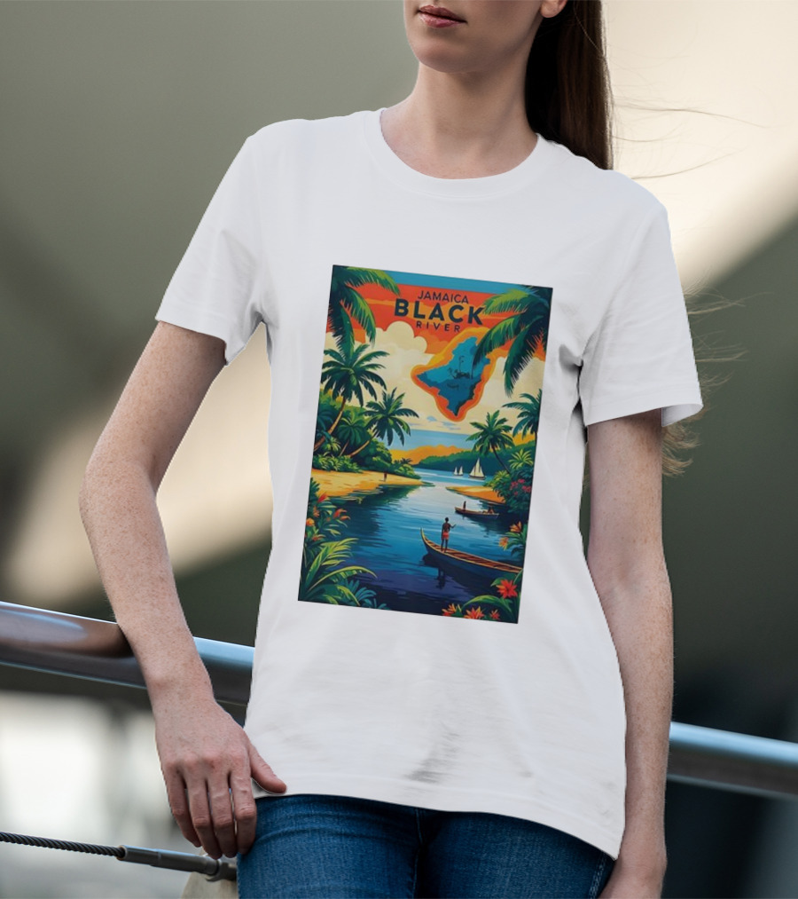 Jamaica Black River Vintage Travel Tropical Scenery With Palm Trees And Boats T-Shirt