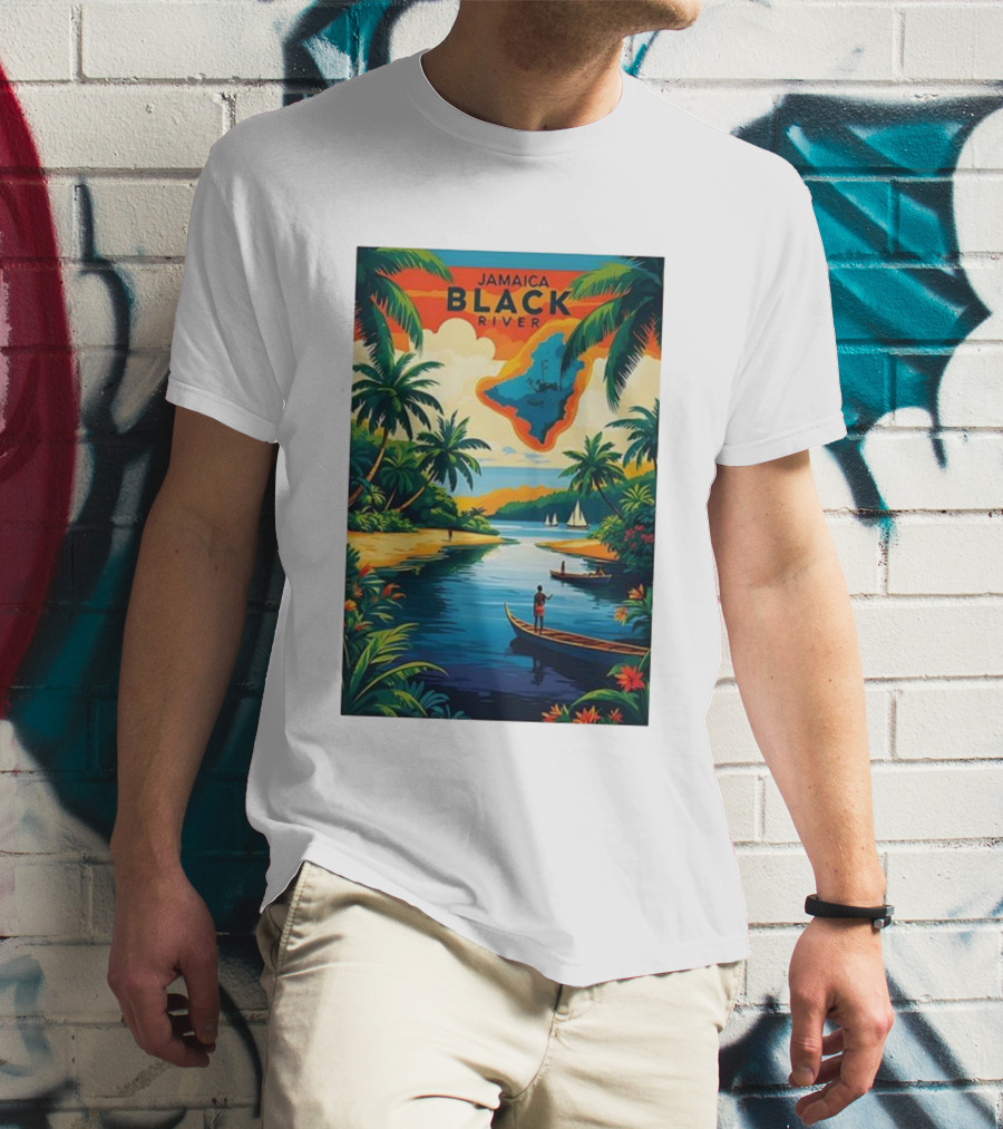 Jamaica Black River Vintage Travel Tropical Scenery With Palm Trees And Boats T-Shirt