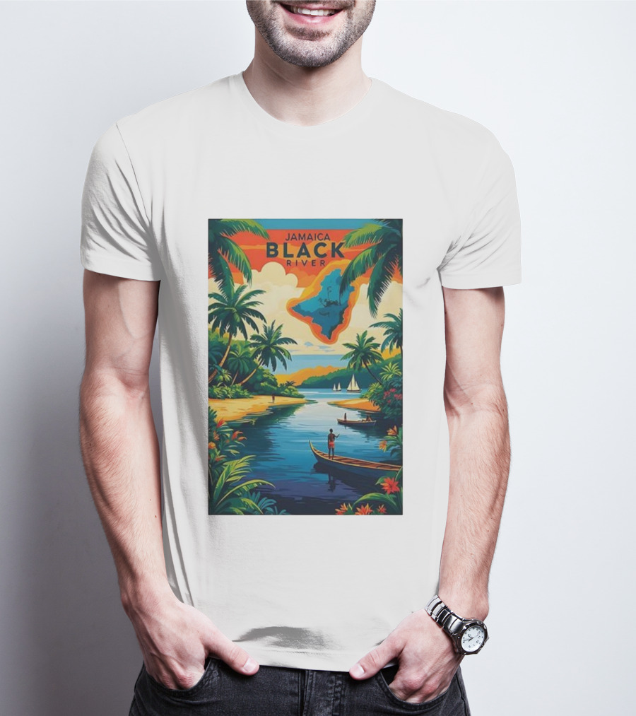 Jamaica Black River Vintage Travel Tropical Scenery With Palm Trees And Boats T-Shirt