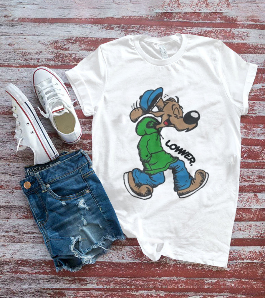 Lower Billie Hood Walkin Cartoon Character In Green And Blue Cap T-Shirt