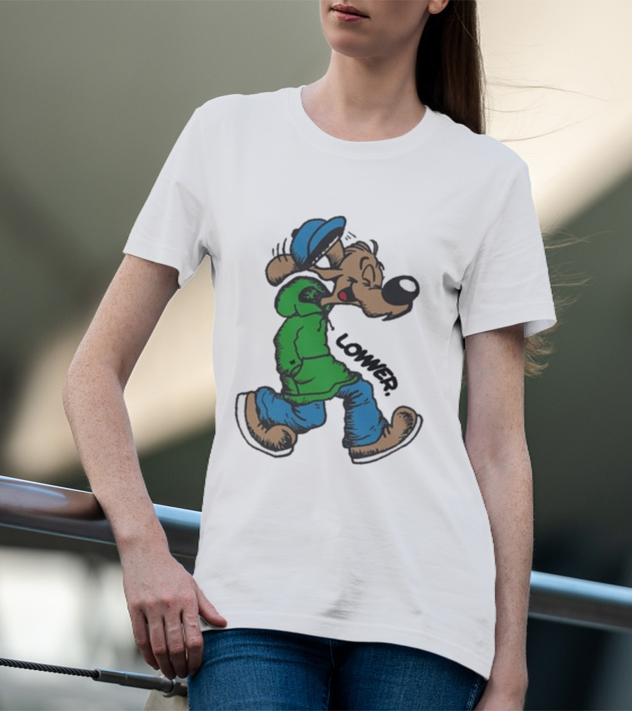 Lower Billie Hood Walkin Cartoon Character In Green And Blue Cap T-Shirt