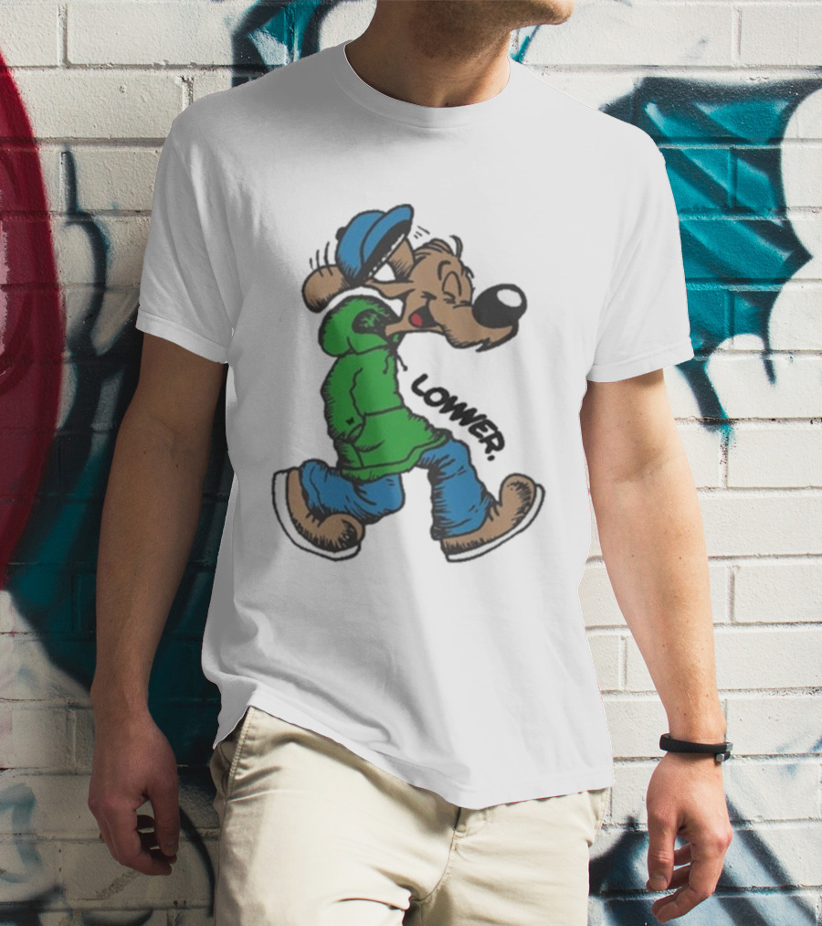 Lower Billie Hood Walkin Cartoon Character In Green And Blue Cap T-Shirt