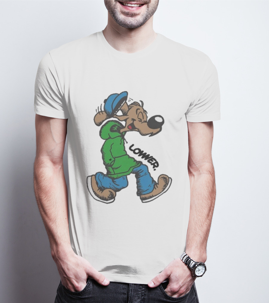 Lower Billie Hood Walkin Cartoon Character In Green And Blue Cap T-Shirt