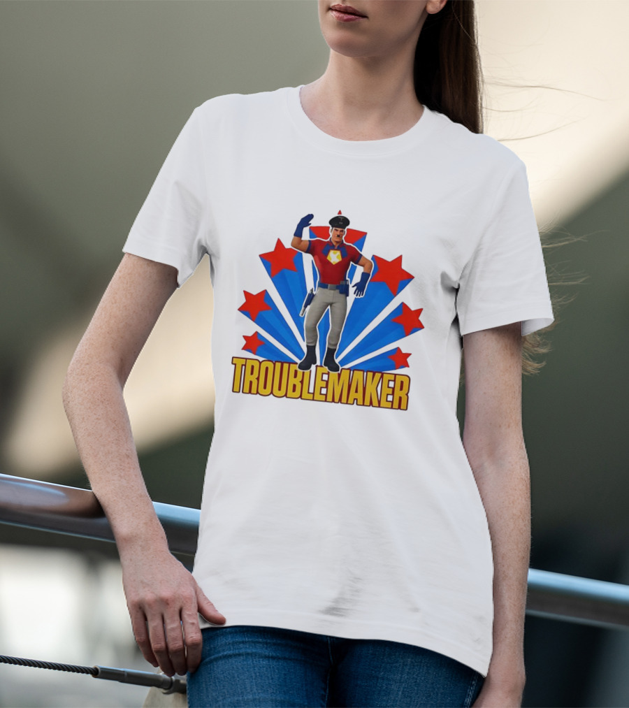 Troublemaker Character With Star Symbol And Red Blue Background T-Shirt