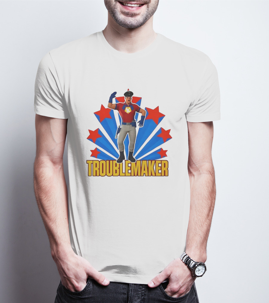 Troublemaker Character With Star Symbol And Red Blue Background T-Shirt