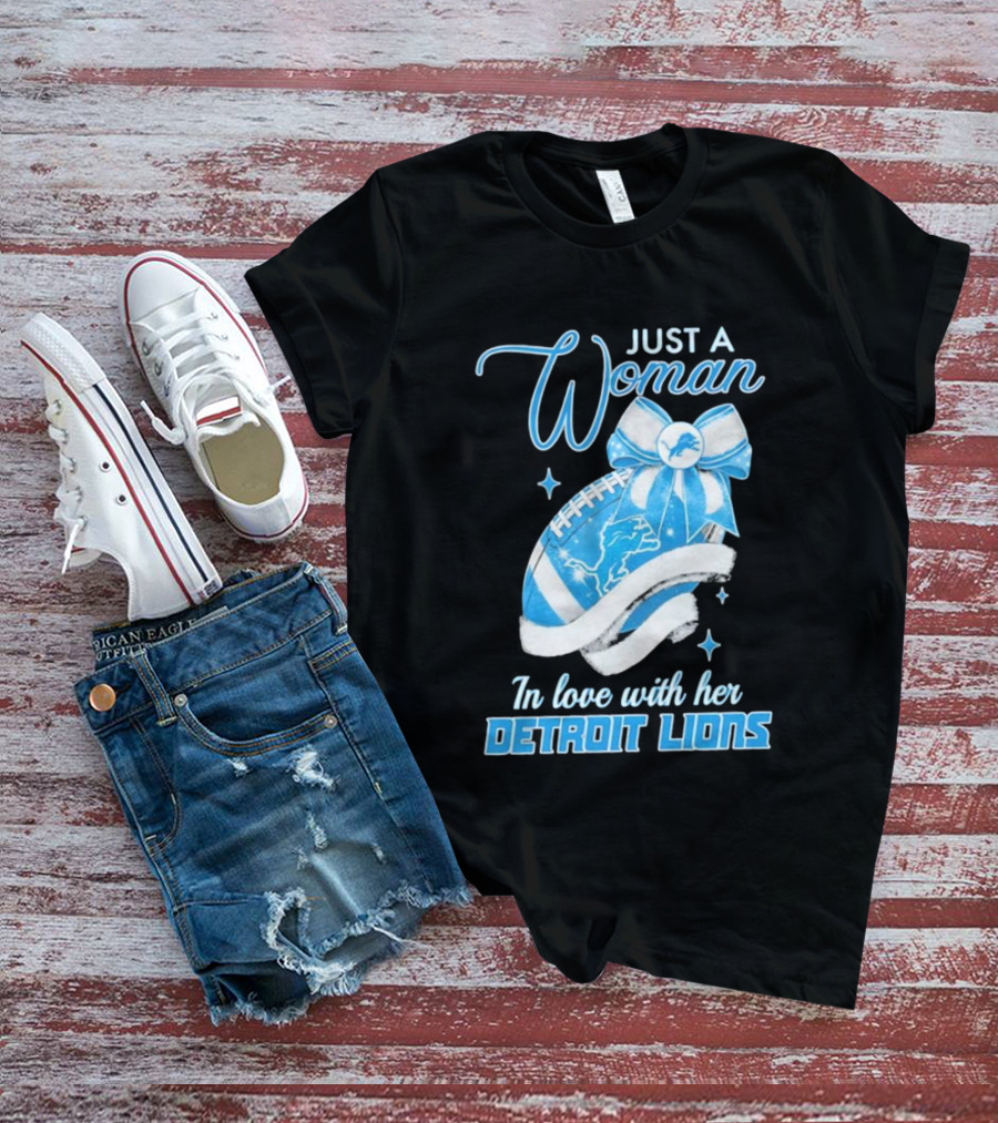 Just A Woman In Love With Her Detroit Lions Glittery Ribbon T-Shirt