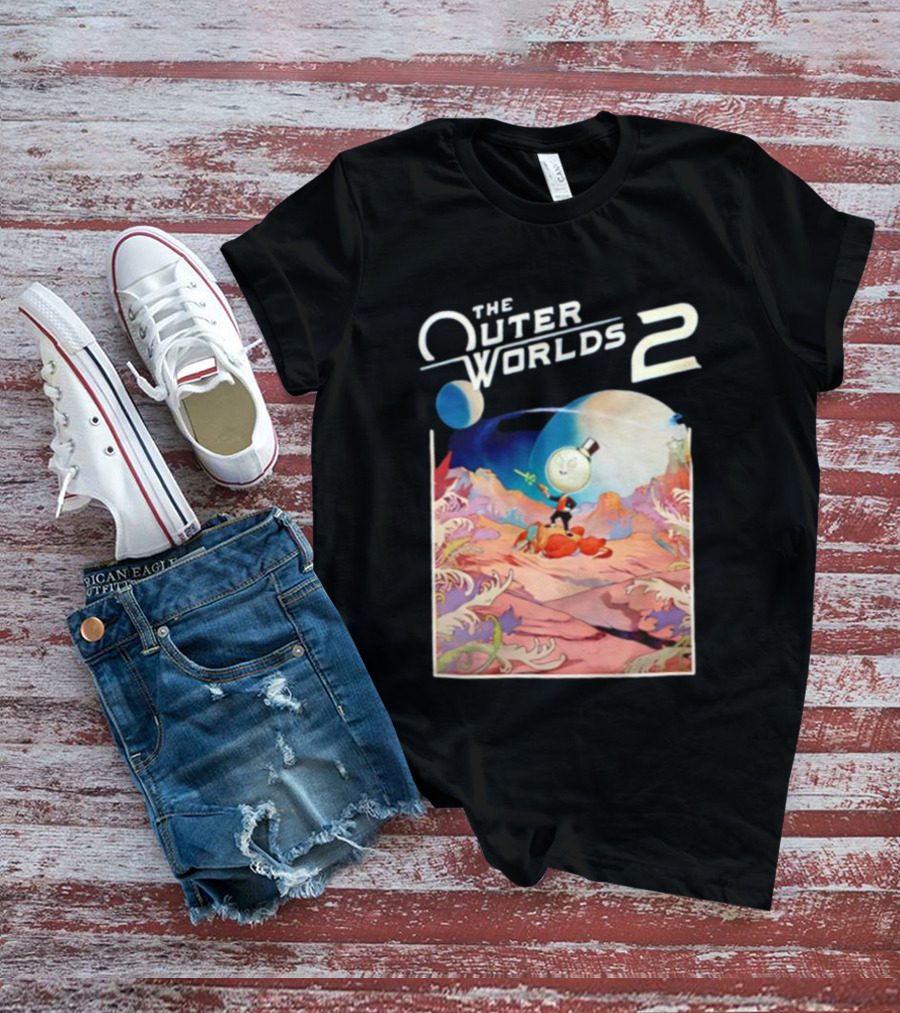 The Outer Worlds 2 Surreal Landscape With Cartoon Character T-Shirt