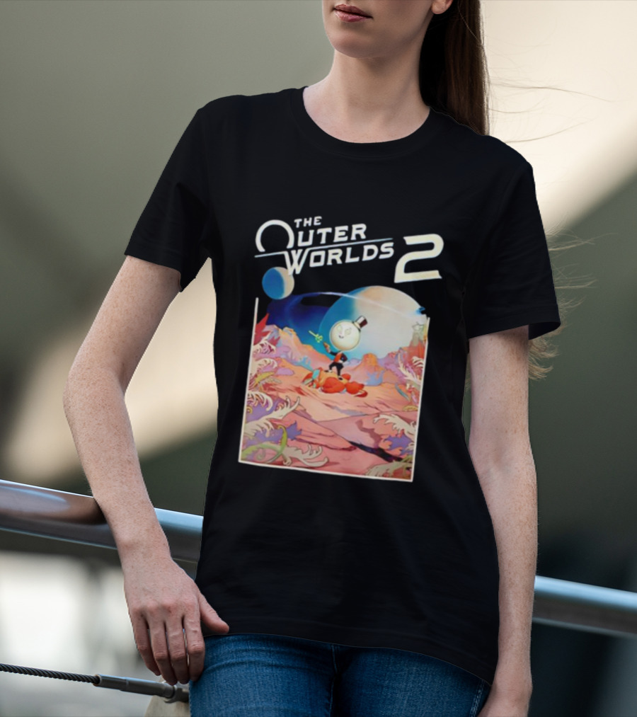 The Outer Worlds 2 Surreal Landscape With Cartoon Character T-Shirt